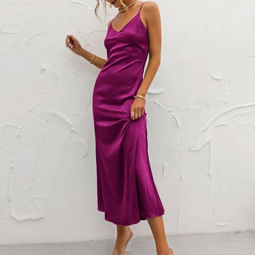 Satin silky v neck cami strap mini slip silk dress holiday party magenta purple - Picture 1 of 10
